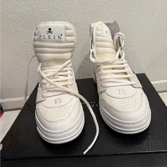 Philipp Plein White High-Top Sneakers Skull Logo Size 40